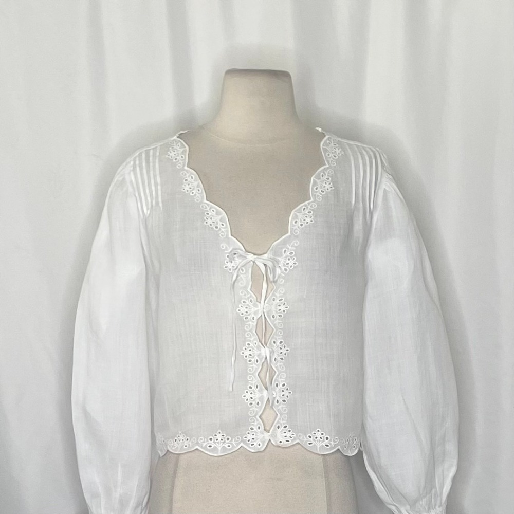 J. Crew White Eyelet Linen Tie-Front Blouse